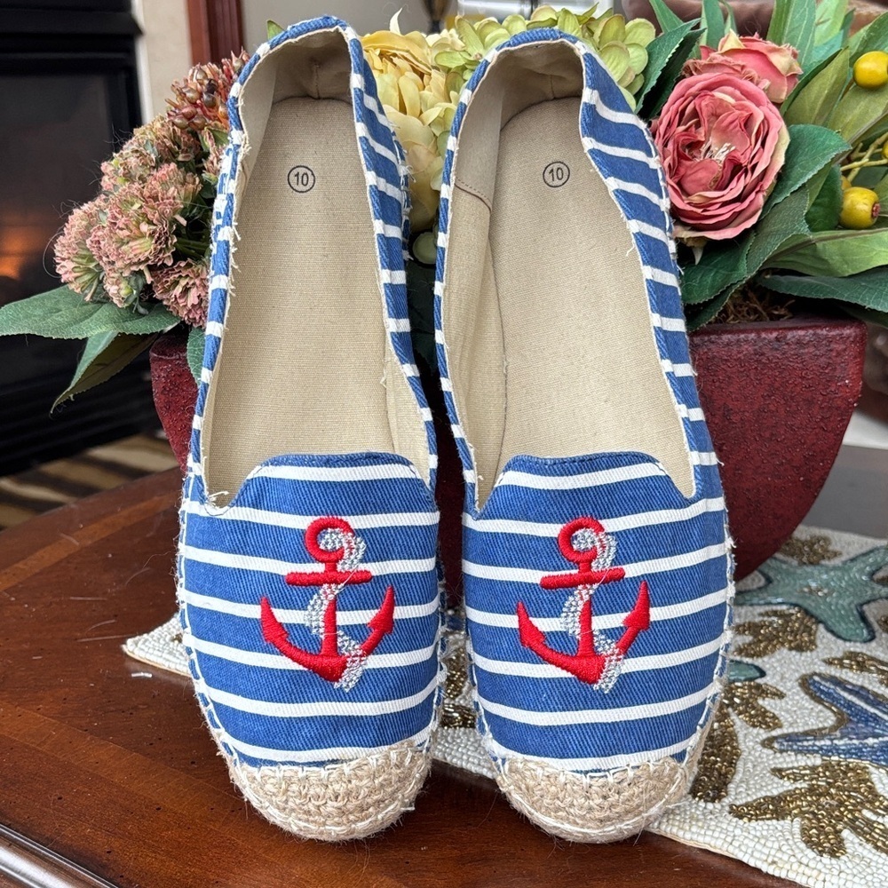 Brand New Nautical Anchor Espadrille Flats Canvas Slip On Shoe Stripes Patriotic